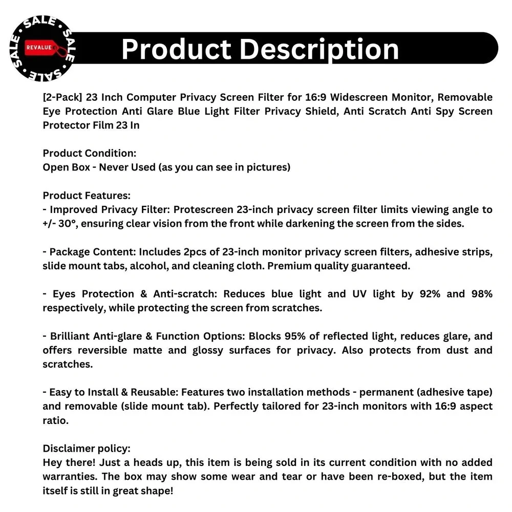 2 Pack‎ 23 Inch Computer Privacy Screen Filter for 16:9 Widescreen Monitor